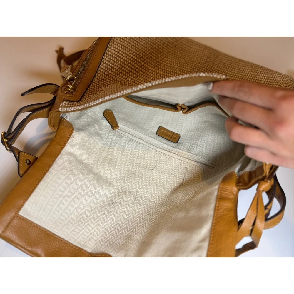 Aimee Kestenberg Bali Double Entry Leather Hobo Bag Raffia Latte Tan Brown OS